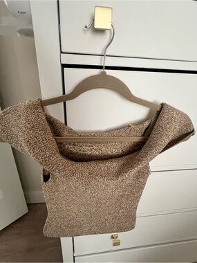 Express Marled Knit Off-Shoulder Tank Top in Brown and Cream